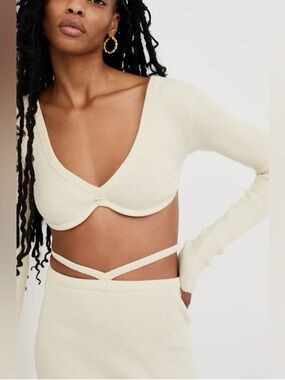 For Love & Lemons Cream Ribbed Long-Sleeve Crop Top with Wrap Straps